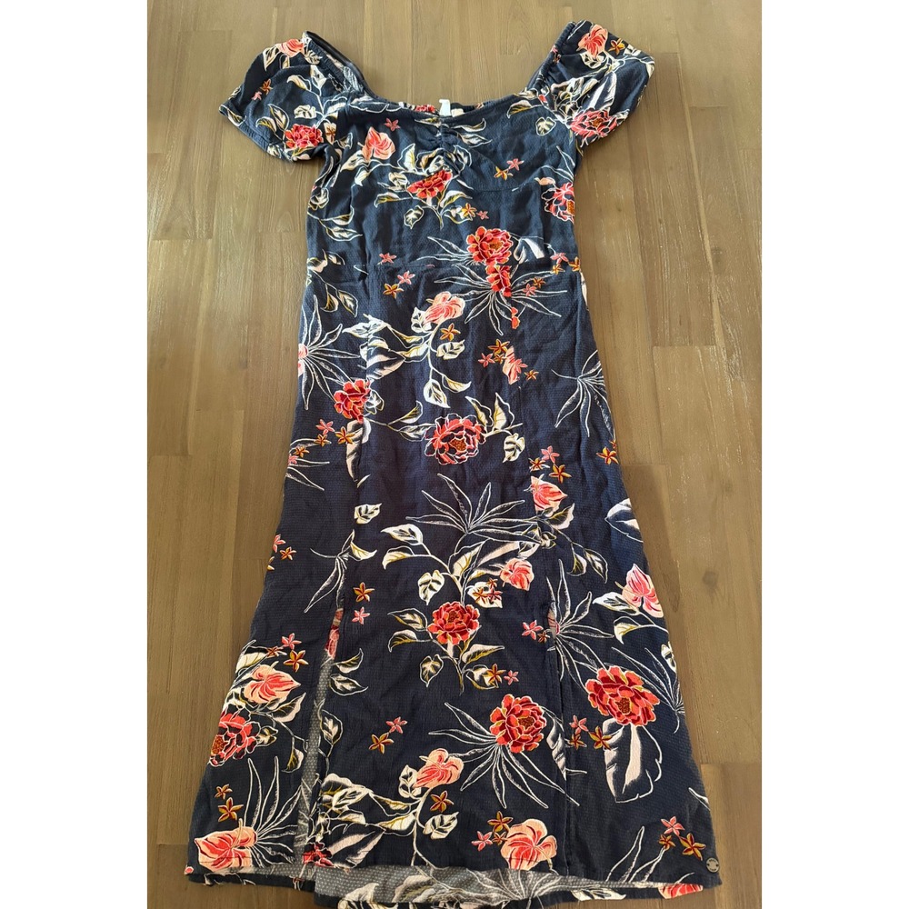 Roxy Navy Blue Floral‎ Midi Dress Short Puff Sleeve Smocked Back Slit Size M